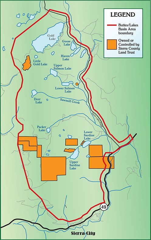 Map of the Sierra Buttes and Lakes Basin showing the area boundary and the parcels owned or controlled by the Sierra County Land Trust